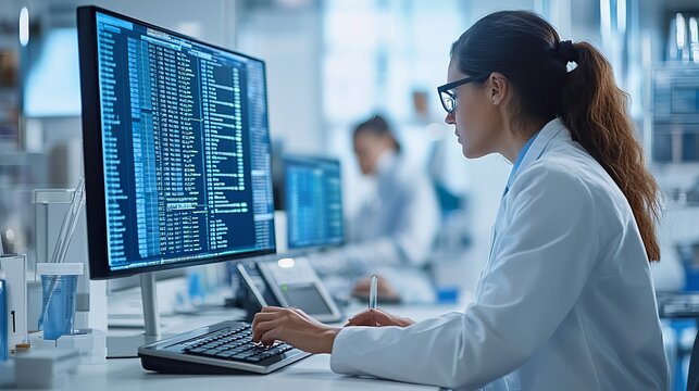A focused scientist analyzes data on a computer screen in a modern laboratory environment, showcasing technology and innovation.