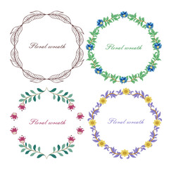 A set of four vibrant floral wreaths featuring delicate leaves and blossoms in varying colors. Ideal for invitations, greeting cards, and decorative projects. The wreaths add an elegant, nature 