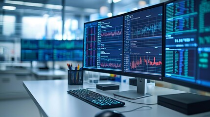 Naklejka premium A modern workspace featuring multiple monitors displaying data analytics and graphs, perfect for tech and finance themes.