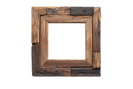 A rustic wooden picture frame with a unique design, perfect for showcasing art or photographs in a cozy setting.