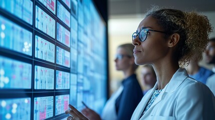 Focused healthcare professional analyzing data on a digital screen in a modern medical environment.