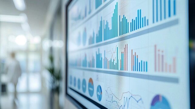 Detailed data visualization on a modern screen in an office environment showcasing various bar charts and graphs.