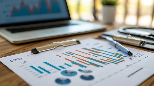 Detailed financial report featuring graphs and charts analyzed on a wooden desk with a laptop and stationery.