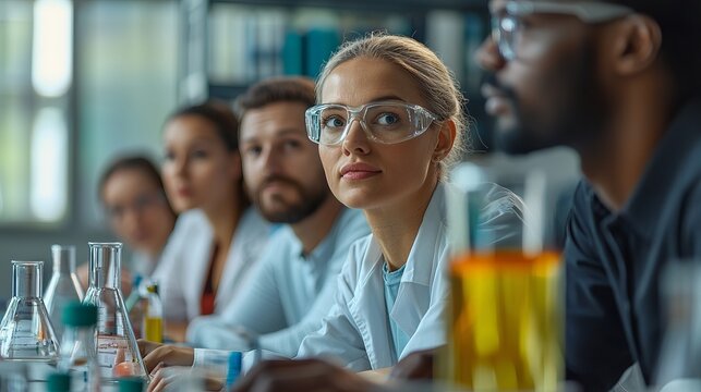 Focused scientists in laboratory, engaged in research and analysis with various equipment and colorful liquids on the table. - Powered by Adobe