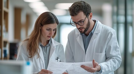 Fototapeta premium Two medical professionals examining documents in a modern laboratory setting, showcasing teamwork and collaboration in healthcare.