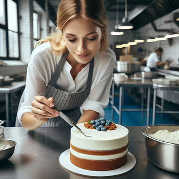 Una mujer pastelera en una cocina industrial trabajando haciendo un pastel con delantal puesto, pelo rubio en primer plano, decorando un pastel blanco con futas por encima e instrumentos t&iacute;picos