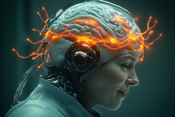 Obraz premium Futuristic cyborg with glowing brain circuits symbolizing the integration of human intelligence with artificial intelligence and the future of cognitive enhancement through technology