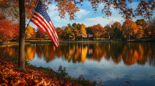 A serene autumn landscape with vibrant orange and red leaves. The American flag gently waves by the calm lake. This image captures the beauty of fall in a picturesque setting. AI - Powered by Adobe
