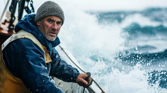 Fisherman pulling in a line with a look of determination waves crashing against the boat