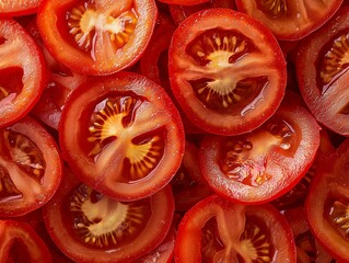 Fresh Tomato Slices Piled Together, Juicy Red Tomatoes Ready for Cooking, Organic Ingredients Ideal for a Healthy Culinary Preparation and Vibrant Vegetable Dish