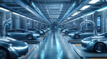 Obraz premium Self-Parking Cars in High-Tech Underground Garage with Charging Facilities