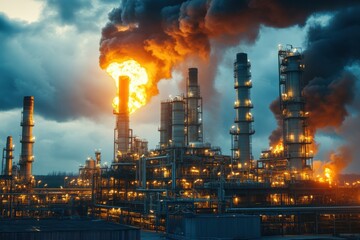 Fototapeta premium Dramatic oil refinery at dawn with smoke and flames, cinematic industrial scene
