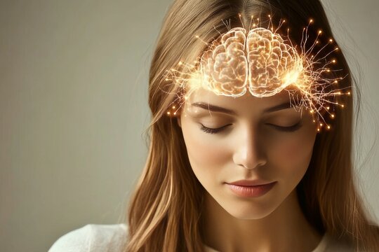 Thoughtful woman with glowing brain overlay representing deep reflection mindfulness and the profound connection between mental processes and technological advancements