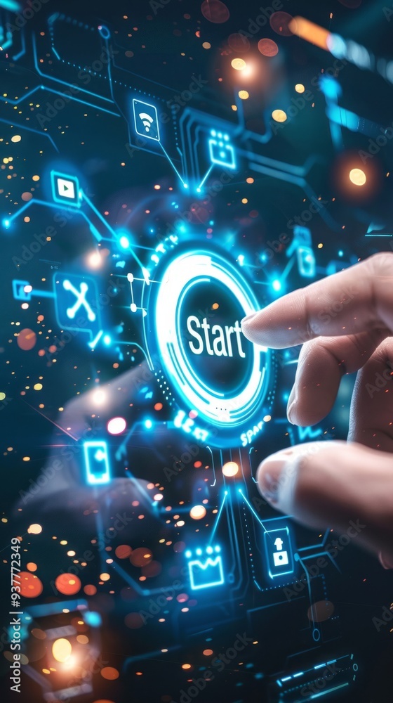 Poster a person is pointing at a start button on a screen