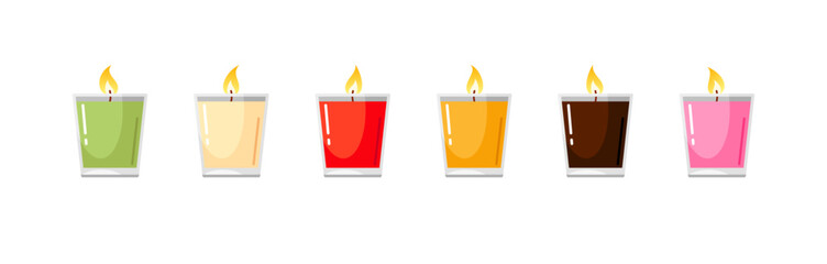 Candles with fire in glass cups. Aroma wax with burning flame for spa, relax, wedding, romantic date on Valentines day, cozy home interior. Vector cartoon illustrations isolated on white background