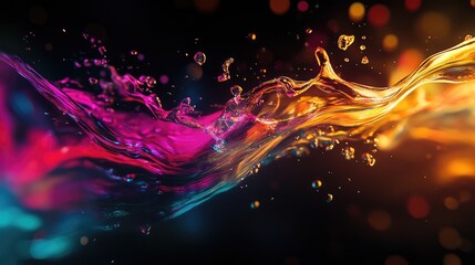 Fototapeta premium A burst of liquid light with bright, glowing colors and dynamic, fluid movement against a dark backdrop.
