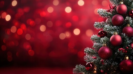 Obraz premium Festive Christmas Tree with Ornaments on Red Background