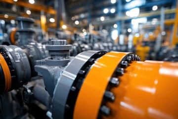 Close-up of orange pipes and gray machinery in an industrial setting