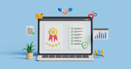 ISO standards quality assurance concept. high quality approval, positive satisfaction, Customers recommendation, positive feedback. 3D laptop with 5 star quality badge and certified note