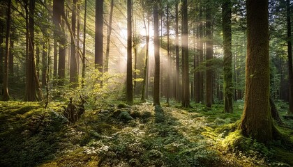 Obraz premium A tranquil forest with sunlight filtering through tall trees.