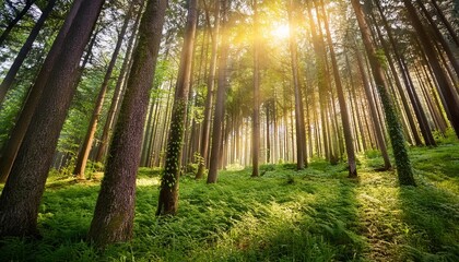 A tranquil forest with sunlight filtering through tall trees.