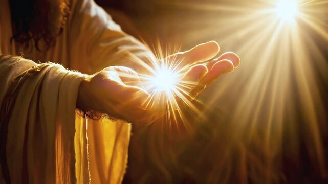Jesus Hand Reaching in Rays of Holy Light with Divine Spiritual Illumination, Faith and Hope Concept 4k New Stock video footage