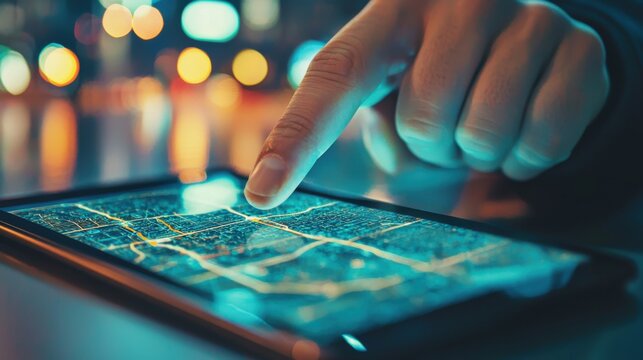 A person using a mobile device with a touchscreen interface, the screen displaying a digital map with navigation options, fingers swiping and tapping to zoom in and out, the background blurred to