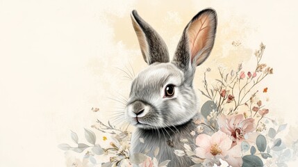 Obraz premium A charming rabbit portrait surrounded by delicate flowers, capturing the essence of nature's beauty and tranquility.