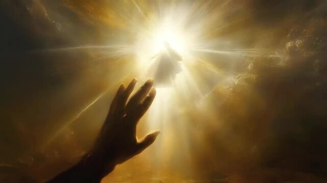 Hand Reaching in Rays of Holy Light with Divine Spiritual Illumination, Faith and Hope Concept 4k New Stock video footage