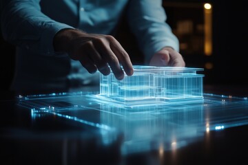 Businessman's hand touching house hologram with digital data in office background