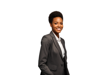 A professional headshot of a smiling young African American woman in a suit, isolated against a transparent background.