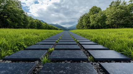 Fototapeta premium A tranquil pathway lined with stone slabs leads through lush greenery under a serene sky, perfect for nature lovers and landscapes.