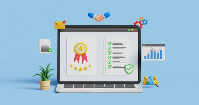ISO standards quality assurance. High quality approval, customer satisfaction, positive feedback. 3D laptop with 5 star quality badge and certified note. 4k 3d animation. Trim first 3 sec for loop