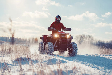 Quad bike rides on white snow in winter. Sport
