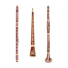 Flute, Oboe and Clarinet woodwind musical instruments set. Classical music collection. Hand drawn watercolor illustration isolated from the background. Symphony orchestra wind section. For card design © Svetlana