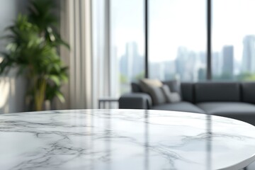 3D rendering, close up of marble table in modern living room with blurred background copy space with generative ai