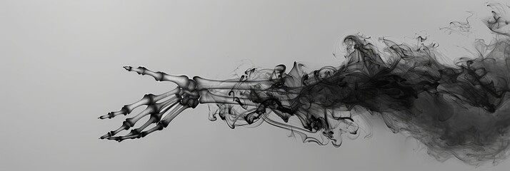 Fototapeta premium Abstract Smoke Skeleton Hand Reaching Out - A skeletal hand emerges from a swirling cloud of smoke, symbolizing the fragility of life, the transition from life to death, and the mystery of the unknown