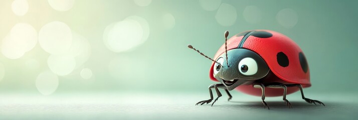 Fototapeta premium Adorable Cartoon Ladybug on Green Background - A cheerful cartoon ladybug with big eyes and a bright red shell is looking to the right. The ladybug is positioned on a light green background with a sof