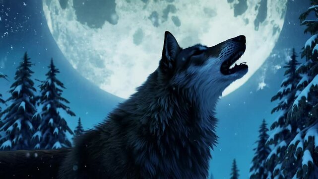 A wolf stands in a snowy forest, howling under the bright full moon, surrounded by tall evergreen trees.