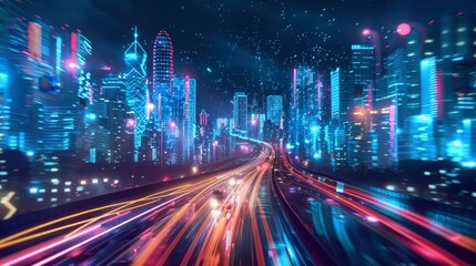 Obraz premium Futuristic city highway with vibrant light trails flowing through a neon-lit cyberpunk metropolis at night.