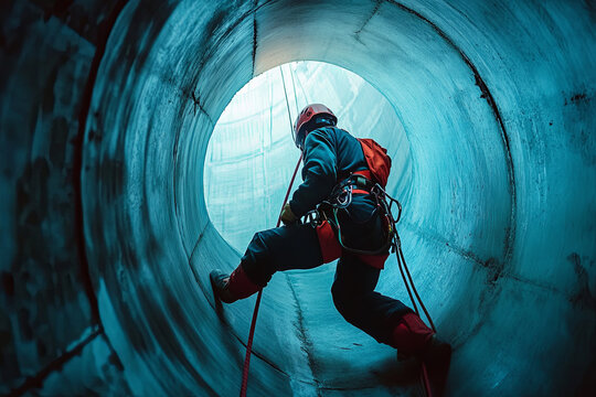 Climbing industrial worker in the H-150m 3m wide chimney
