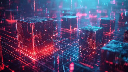 Blockchain technology represented by interconnected digital blocks, with a futuristic cityscape in the background, set in a high-tech environment with glowing neon accents and a dark backdrop