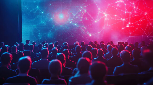 Audience Watching Presentation with Futuristic Screen Projection - A large audience watches a presentation with a futuristic screen projection featuring an abstract, connected network design in vibran