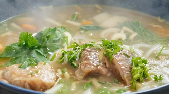 A comforting fish soup simmering with fresh herbs and vegetables, showcasing vibrant colors and rich flavors in a warm setting.