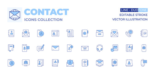 Contact icons collection. Line Duotone style, editable stroke. email, curriculum, cv, letter, planner, add friend, agenda, conference, contact, contact form, contact book, smartphone