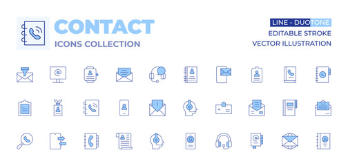 Contact icons collection. Line Duotone style, editable stroke. phone book, contact list, identity card, search, contact form, customer service, spam, phone, cv, videocall, contact