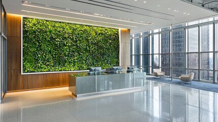 A contemporary office receptionist with a large glass