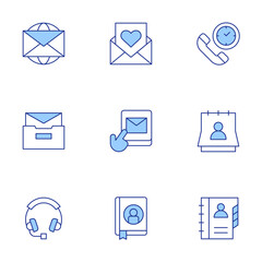 Contact icons set. Line Duotone style, editable stroke. mails, headphone, agenda, contact, mail, time, contact us, book