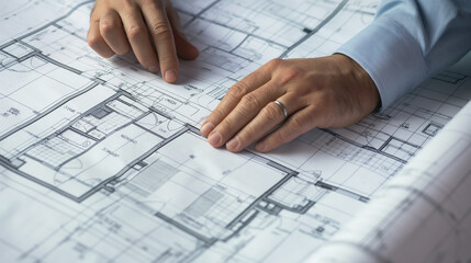 Close-Up of Hands Examining Floor Plans for Building Project
