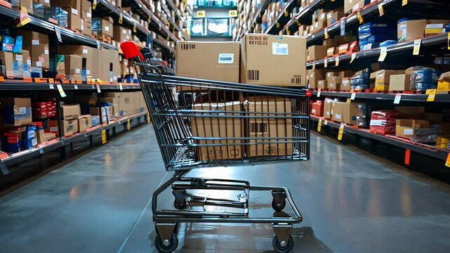 A shopping cart is loaded with boxes while surrounded by shelves in a crowded retail store.